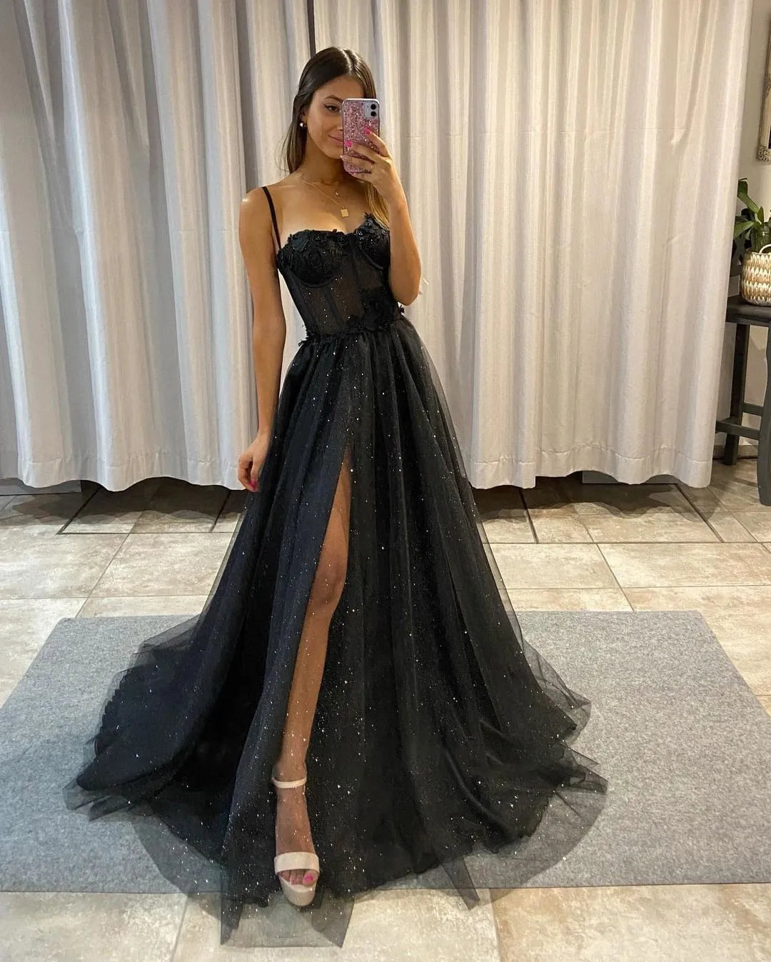 A-line Spaghetti Straps Glitter Prom Dress With Split
