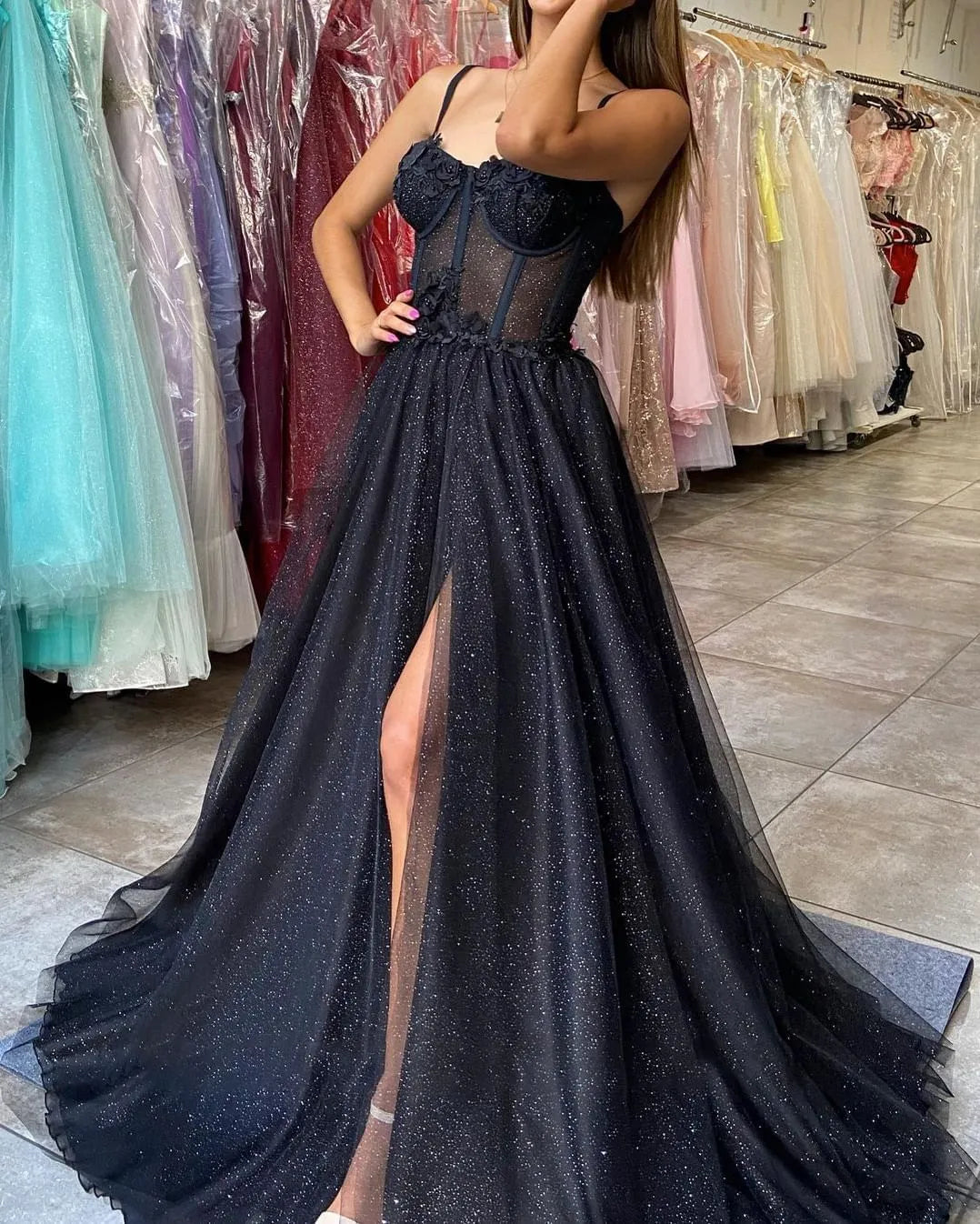 A-line Spaghetti Straps Glitter Prom Dress With Split