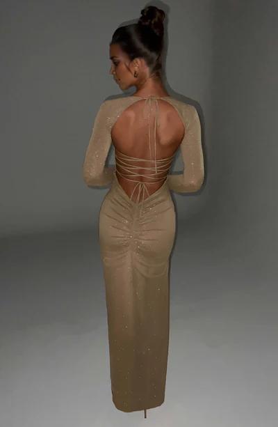 Backless Premium sparkle mesh fabric sleeves that flare gently at sleeve Front fork long Prom Dress