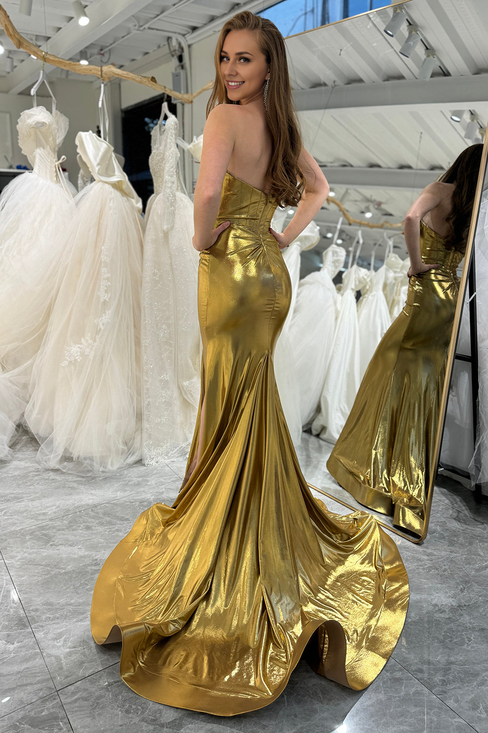 Golden Mermaid Sweetheart Long Prom Dress With Slit