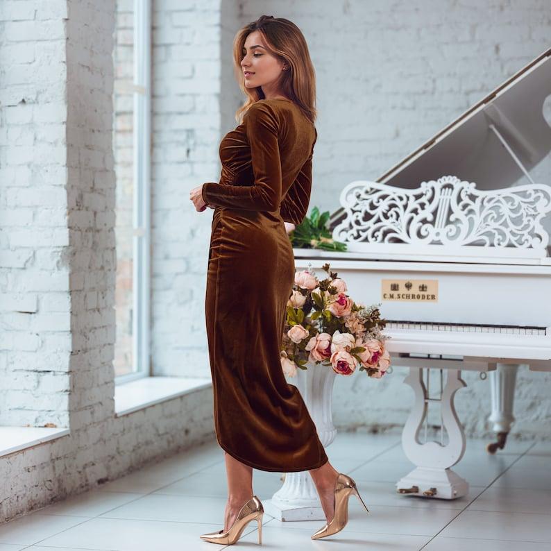 Rust Gold long velvet pencil dress wedding guest dress Prom dress