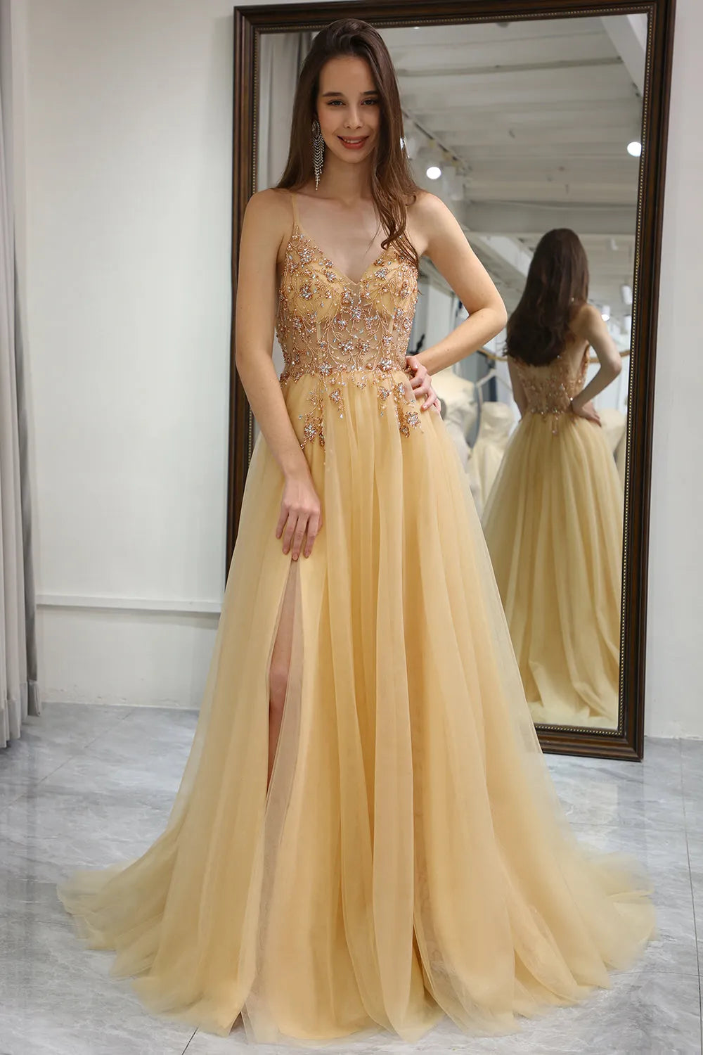 A-Line Spaghetti Straps Long Tulle Prom Party Dress With Split