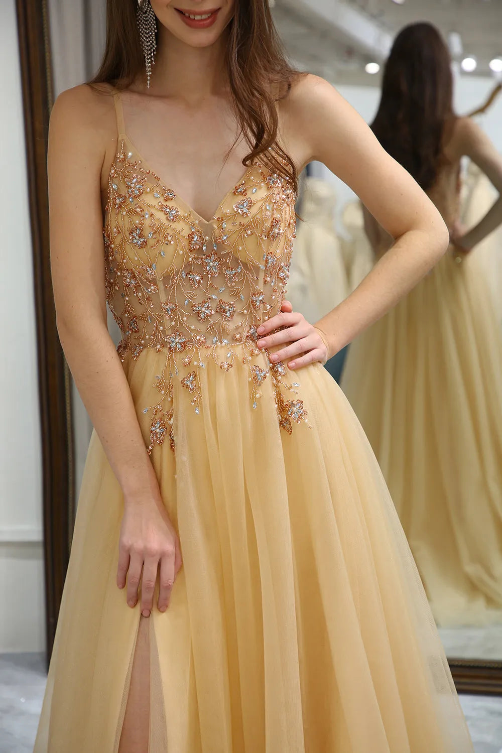 A-Line Spaghetti Straps Long Tulle Prom Party Dress With Split