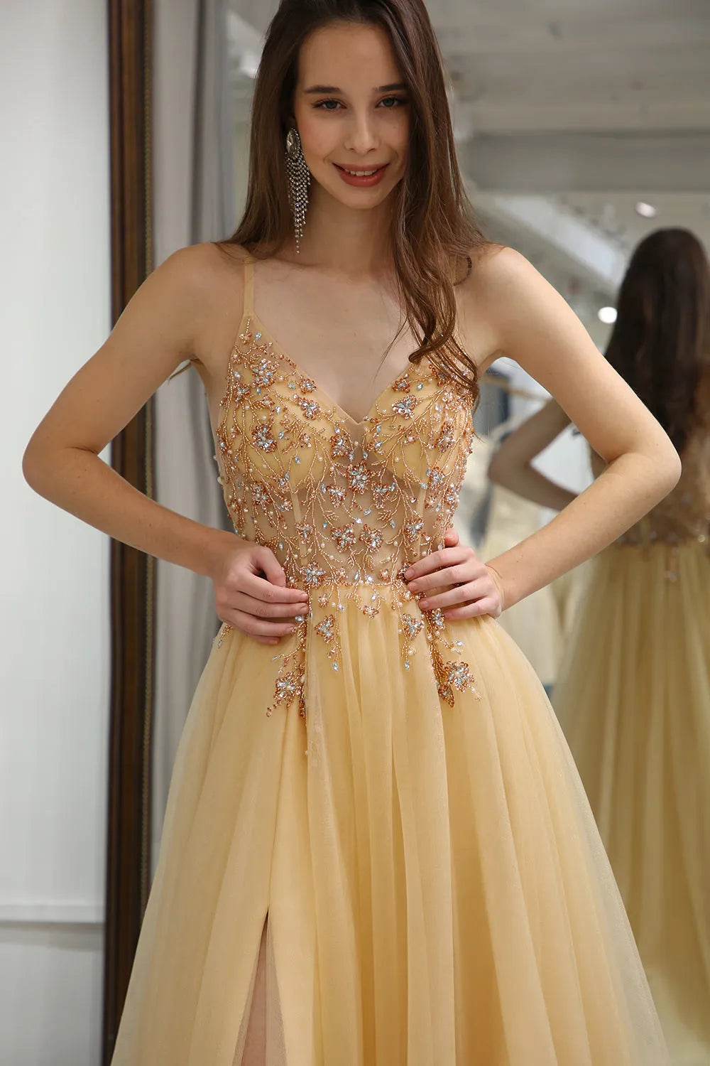A-Line Spaghetti Straps Long Tulle Prom Party Dress With Split