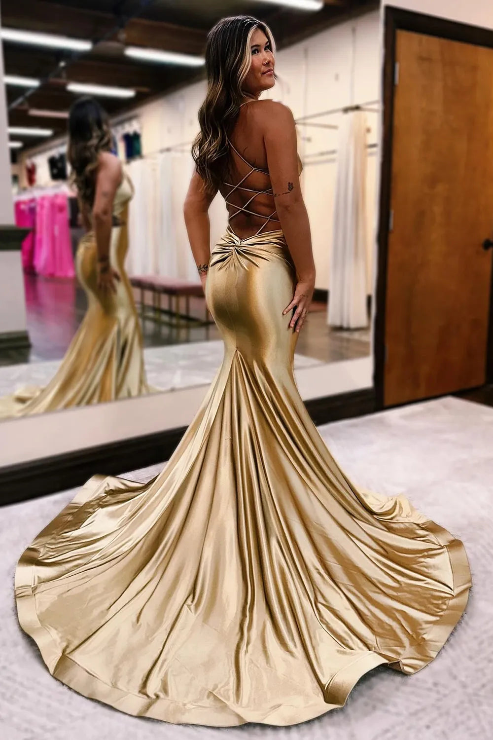 Mermaid Spaghetti Straps Lace Up Long Metallic Prom Dress