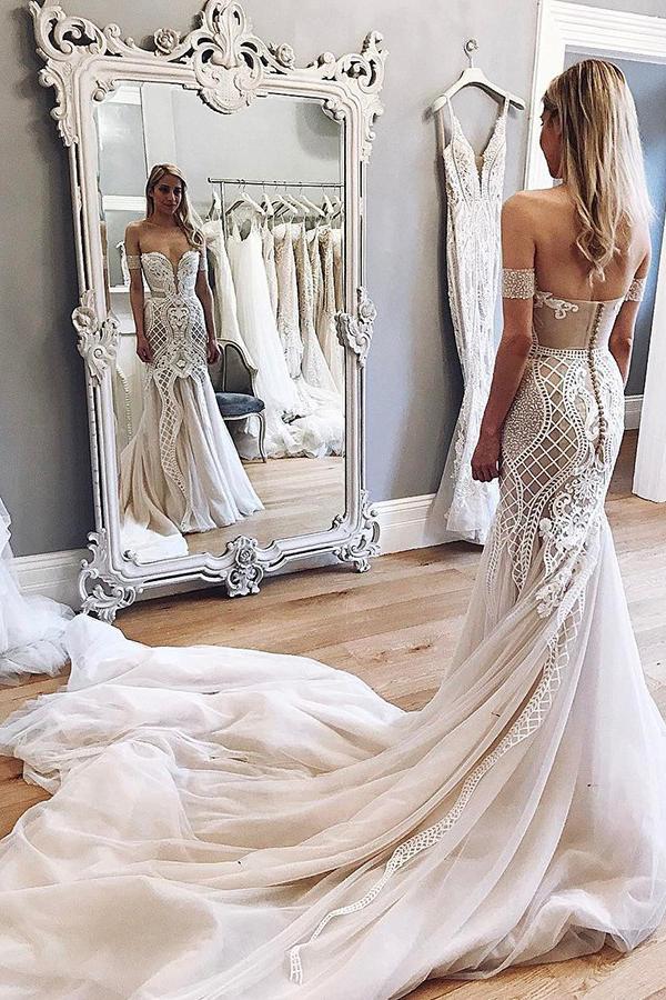 Gorgeous Mermaid Off-the-Shoulder Chapel Train Ivory Tulle Wedding Dress