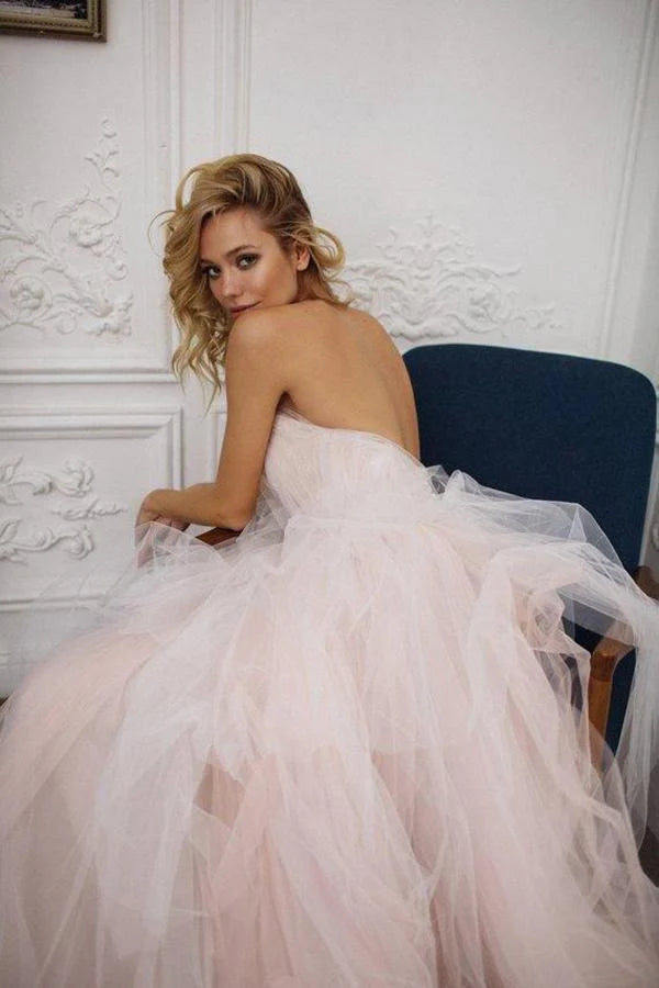 Gorgeous Sweetheart Backless A Line Strapless Tulle Long Elegant Wedding Dresses