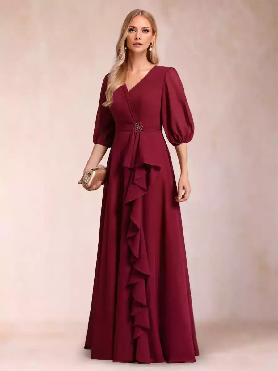 Gorgeous A-line/Princess V-neck with seven quarter sleeves and ruffled edges, Mother of the Bride Dresses