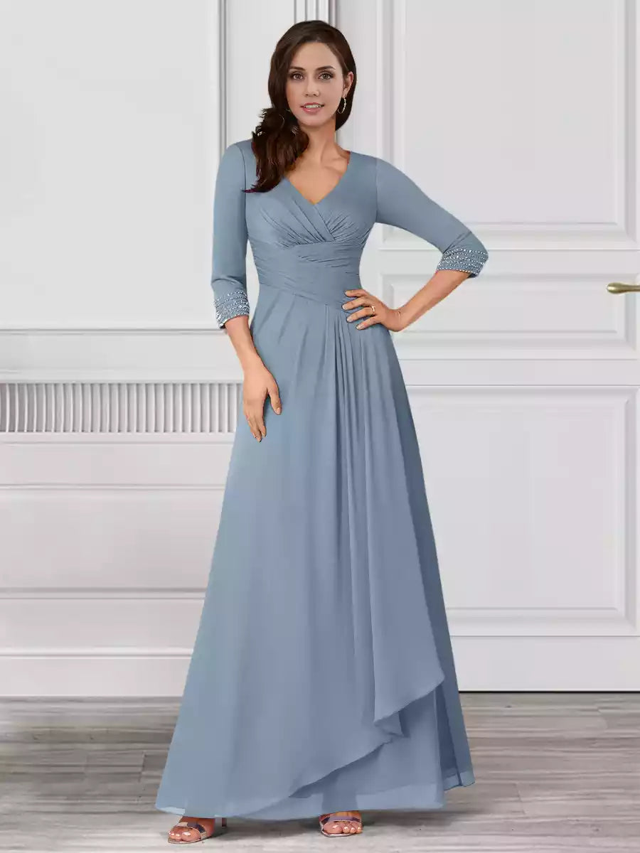 Gorgeous A-line/Princess style V-neck seven quarter sleeves ruffled chiffon Mother of the Bride Dresses