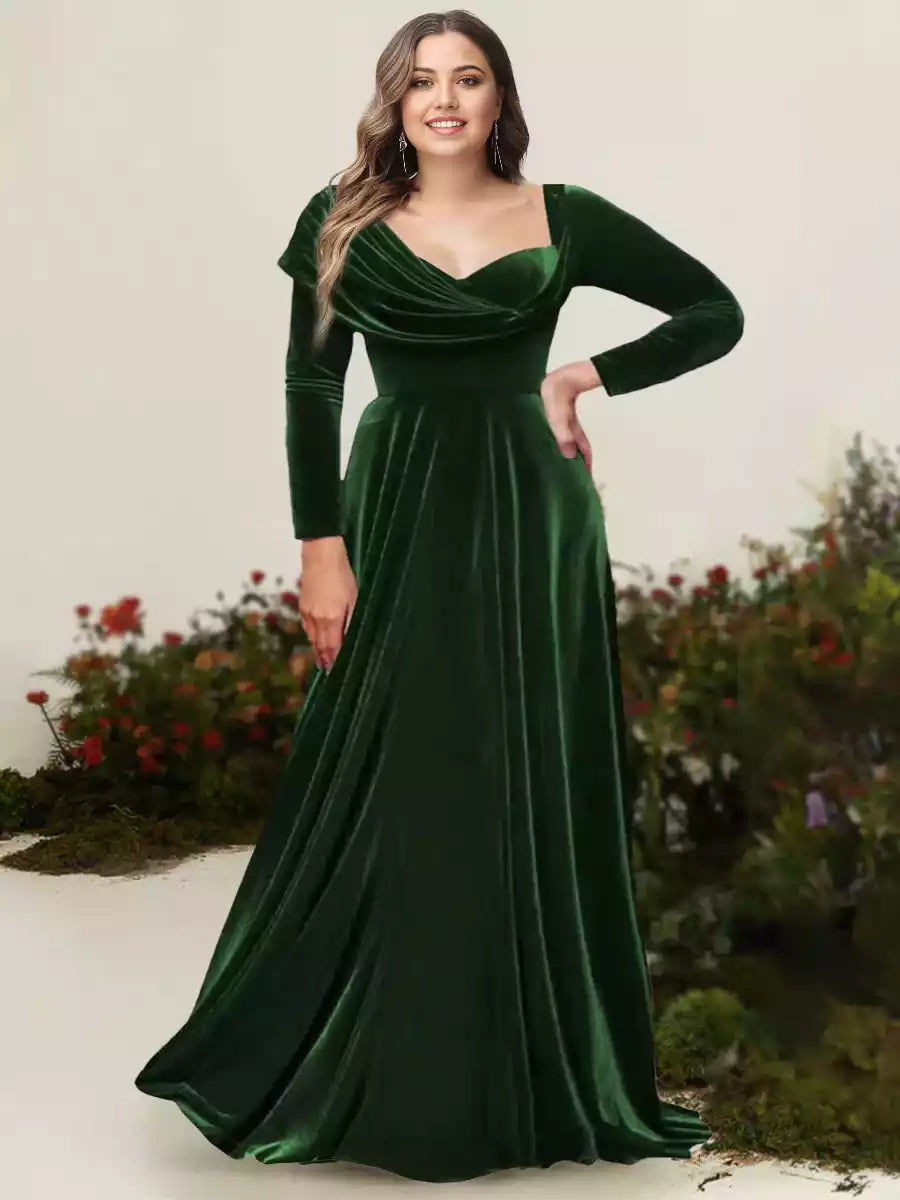 Gorgeous A-line/Princess style asymmetrical long sleeved pleated velvet plus size Mother of the Bride Dresses