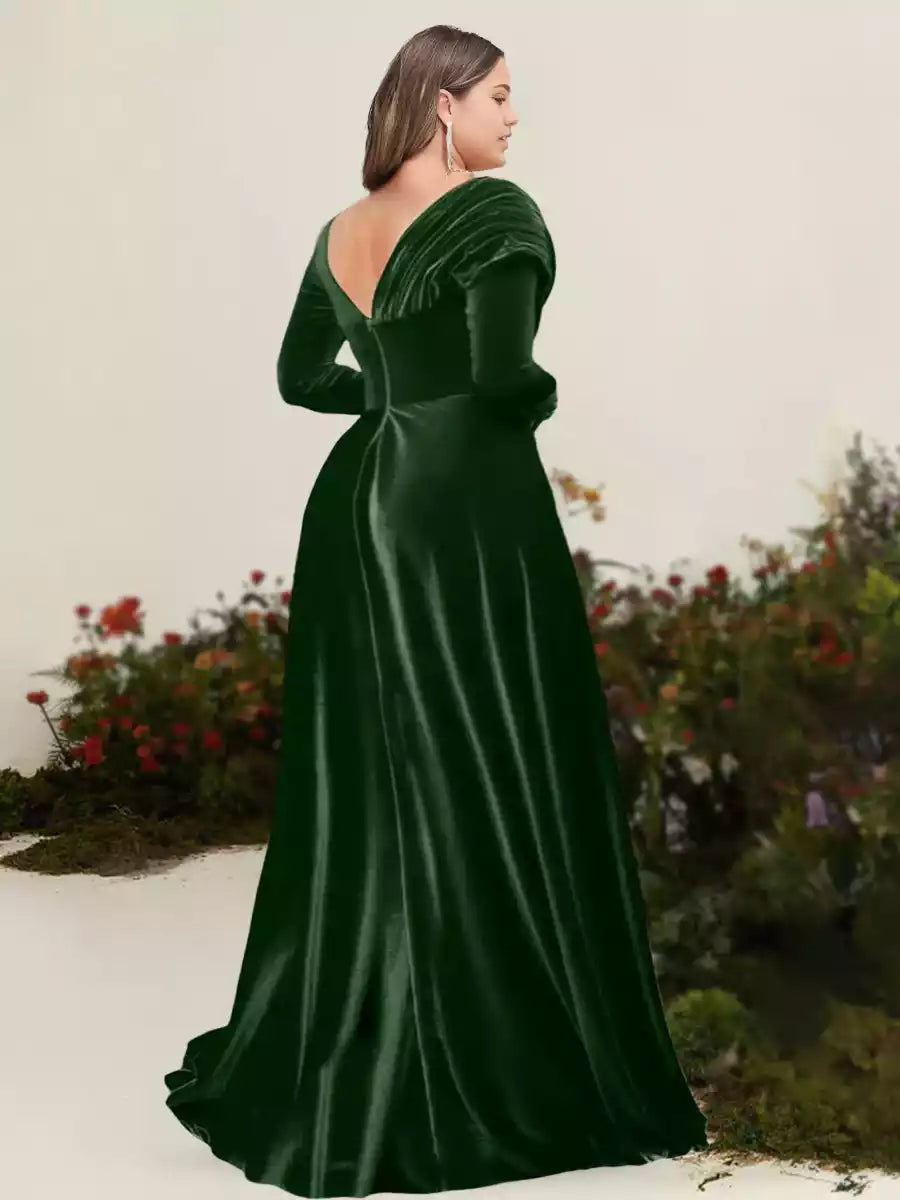 Gorgeous A-line/Princess style asymmetrical long sleeved pleated velvet plus size Mother of the Bride Dresses