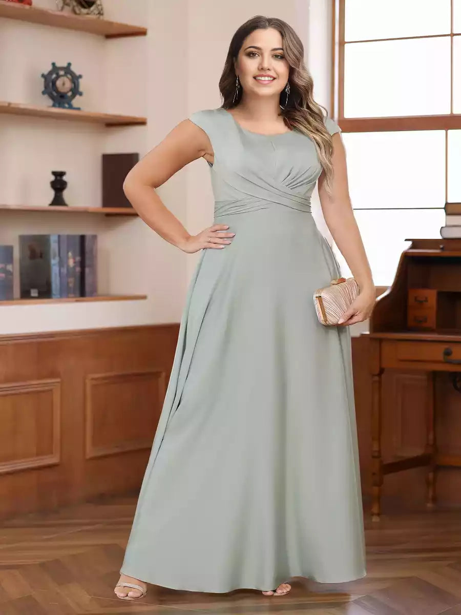 Gorgeous A-line/Princess style round neck short sleeved pleated plus size Mother of the Bride Dresses
