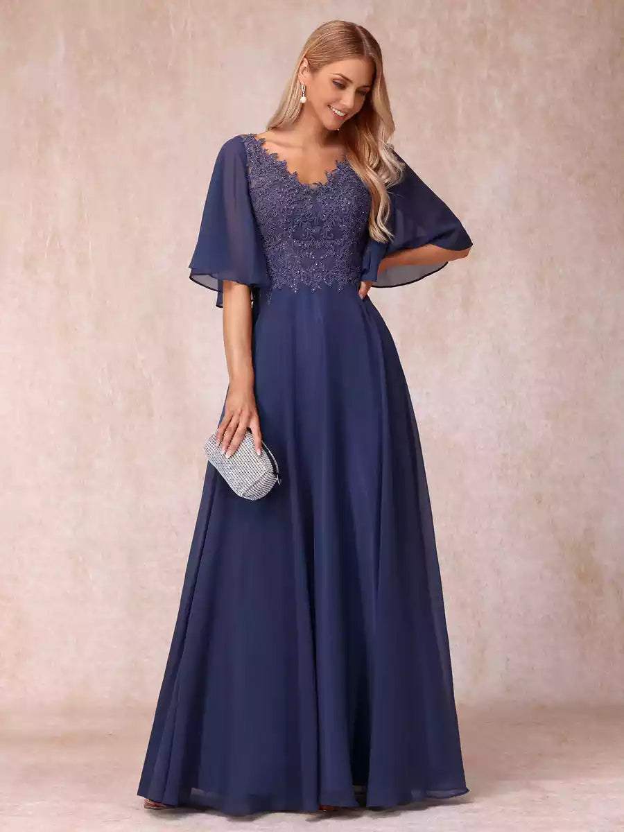 Gorgeous A-line/princess style V-neck half sleeve long formal bead and decal Mother of the Bride Dresses