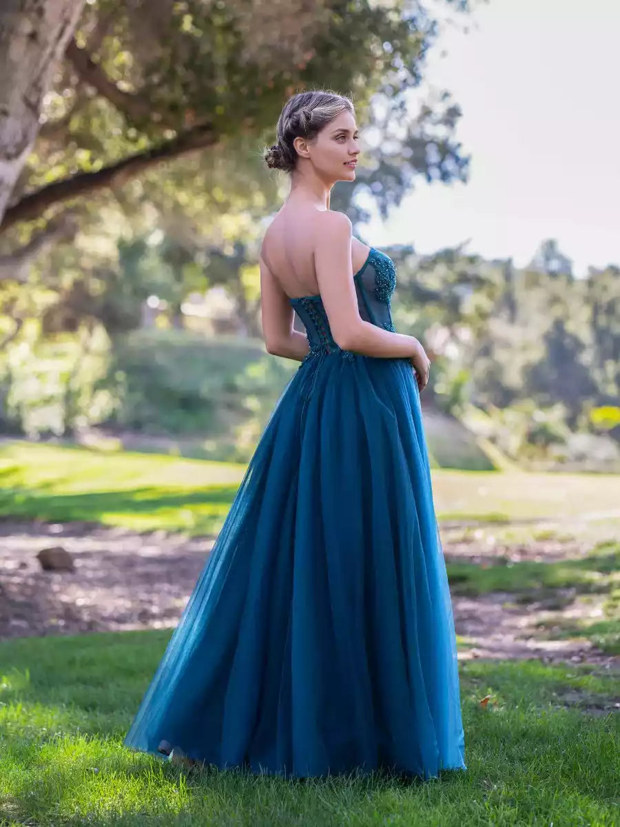 Gorgeous A-line sheer and heart-shaped neckline sleeveless tight corset with lace decals and beaded lace up back Prom Dresses