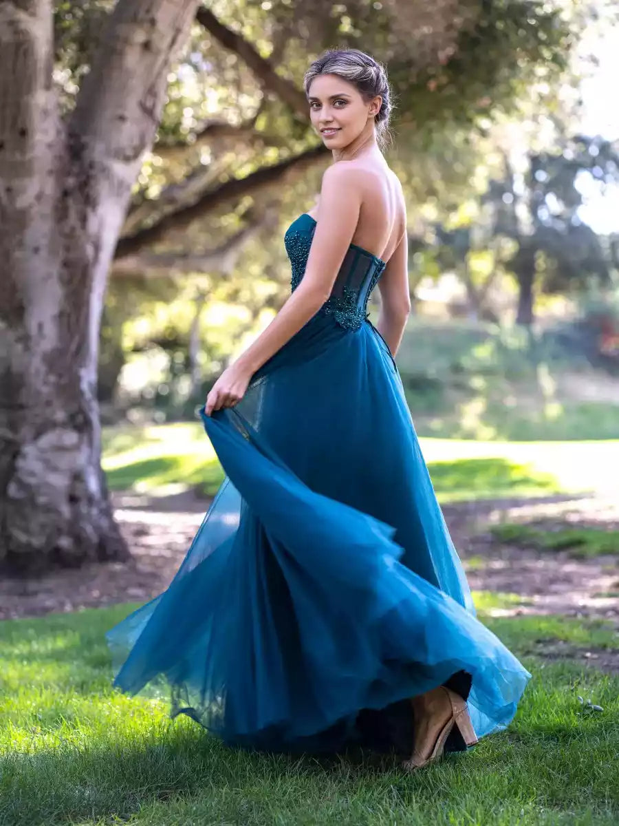 Gorgeous A-line sheer and heart-shaped neckline sleeveless tight corset with lace decals and beaded lace up back Prom Dresses