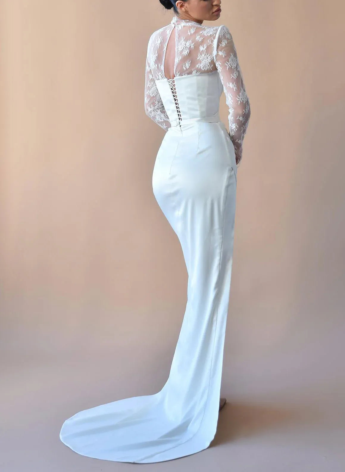 Gorgeous  Fashion Romantic High Neck Lace Long Sleeve Satin Mermaid Brush Train Wedding Dress with Slit