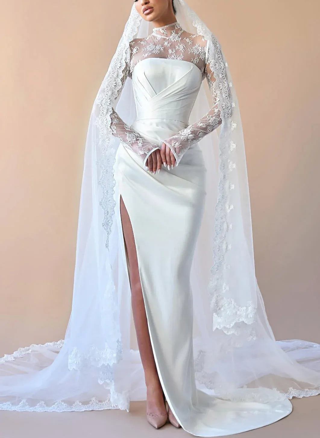 Gorgeous  Fashion Romantic High Neck Lace Long Sleeve Satin Mermaid Brush Train Wedding Dress with Slit