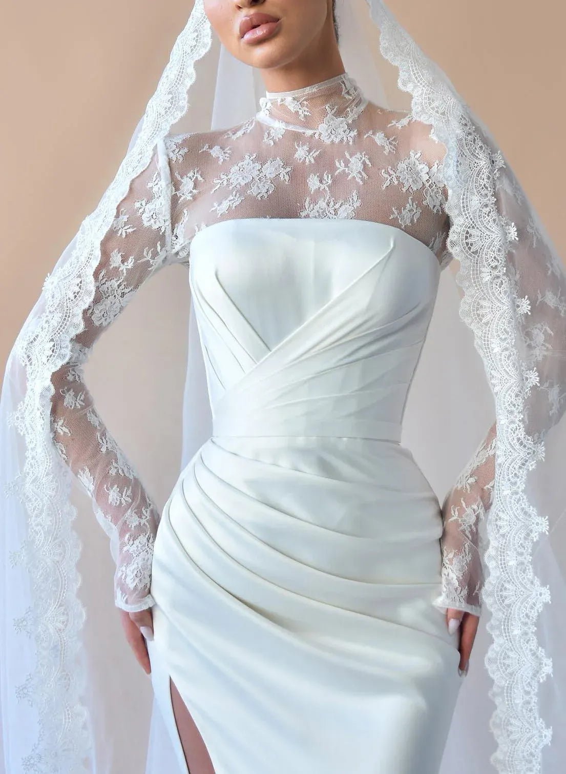 Gorgeous  Fashion Romantic High Neck Lace Long Sleeve Satin Mermaid Brush Train Wedding Dress with Slit