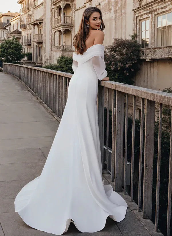 Gorgeous  Fashion Romantic Off-the-Shoulder Chiffon Mermaid Wedding Dress with Puff Sleeves