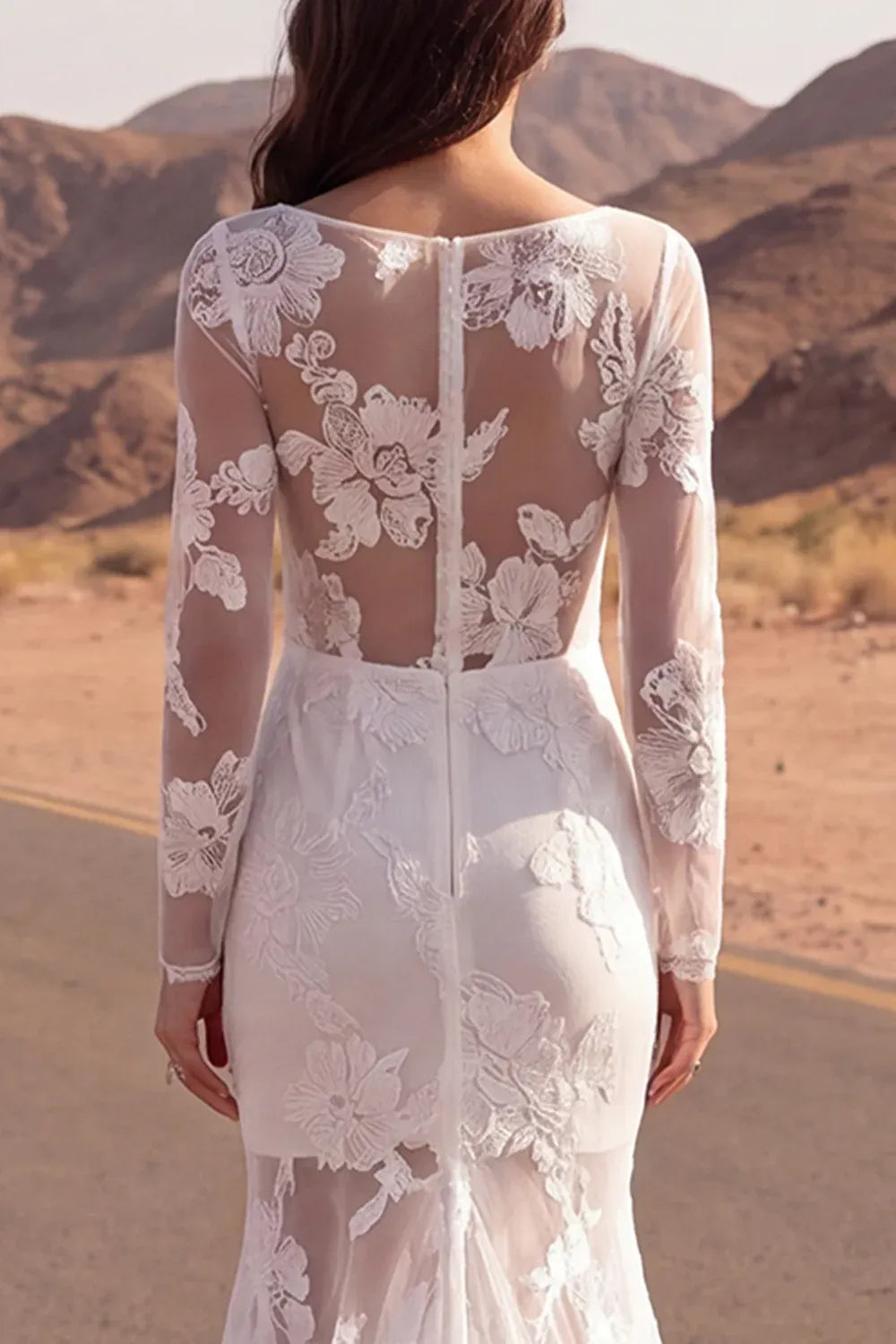 Gorgeous Illusion Long Sleeve Floral Lace Mermaid Brush Train Wedding Dress