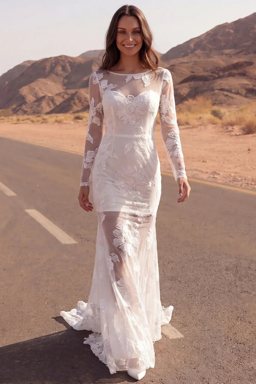Gorgeous Illusion Long Sleeve Floral Lace Mermaid Brush Train Wedding Dress