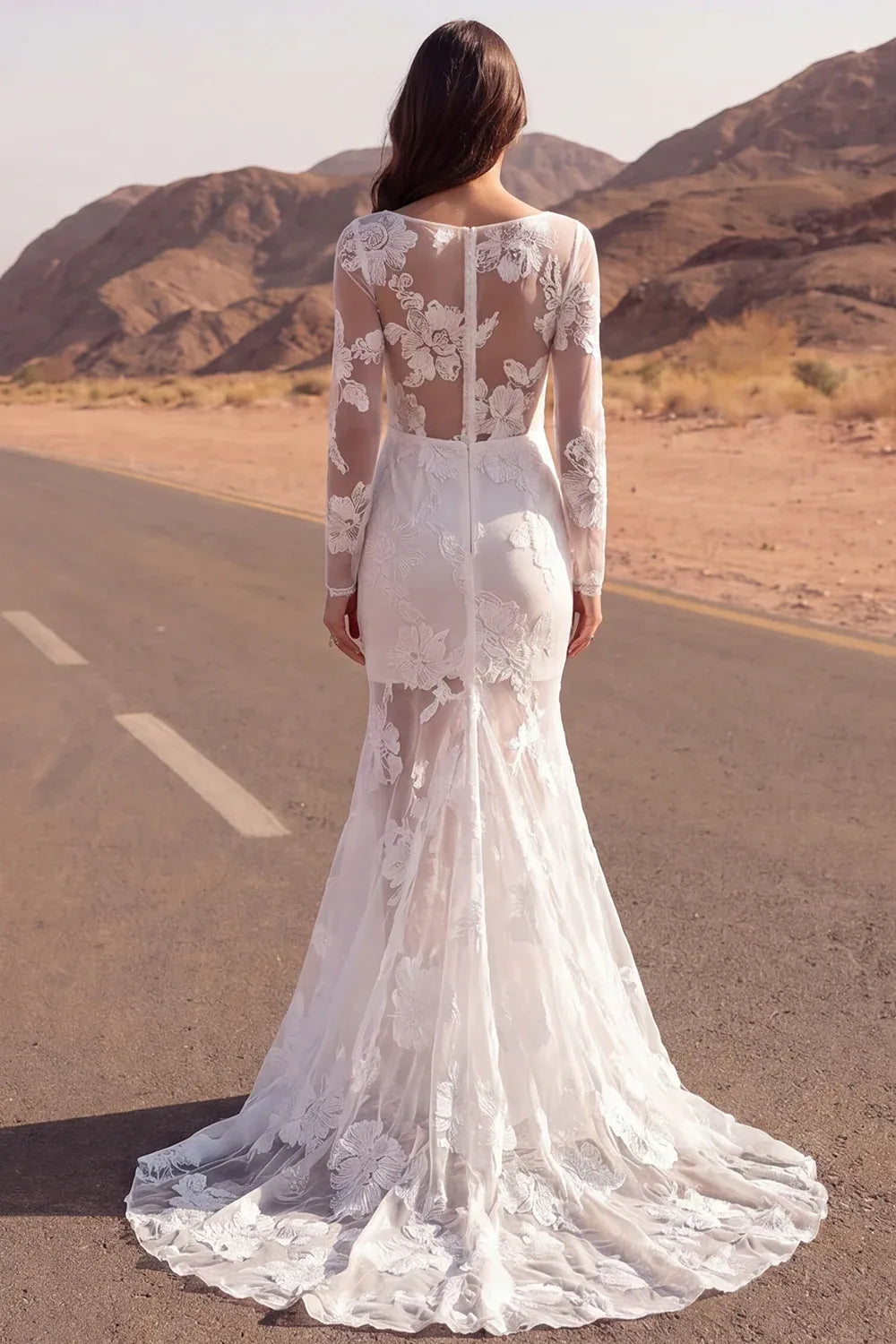 Gorgeous Illusion Long Sleeve Floral Lace Mermaid Brush Train Wedding Dress