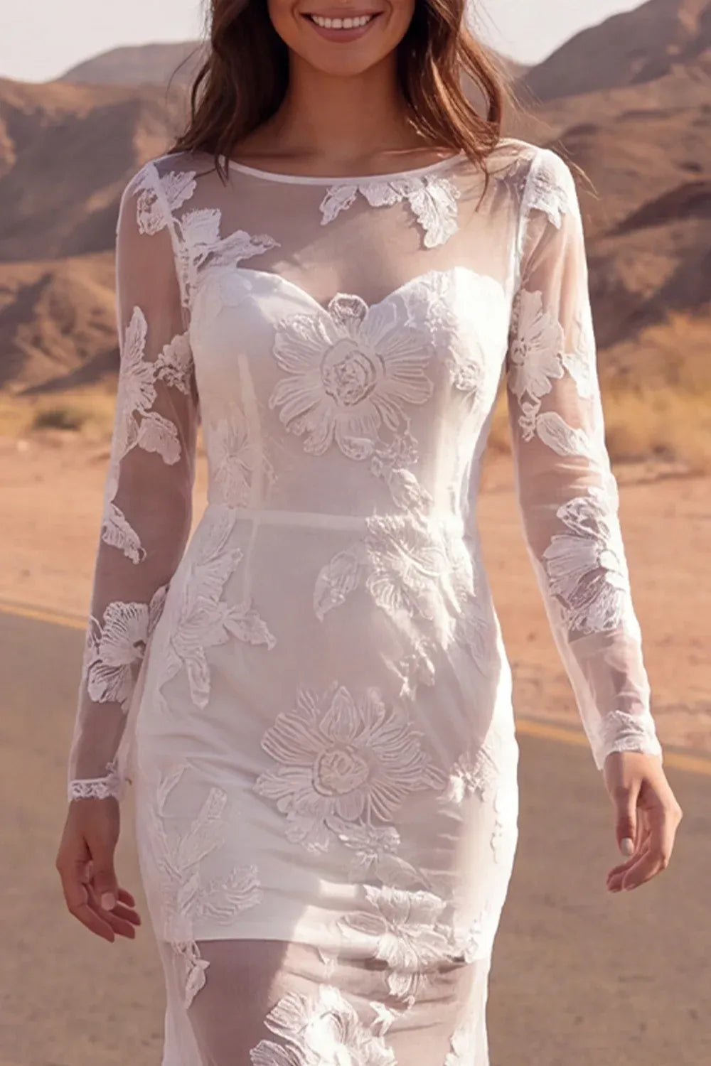 Gorgeous Illusion Long Sleeve Floral Lace Mermaid Brush Train Wedding Dress