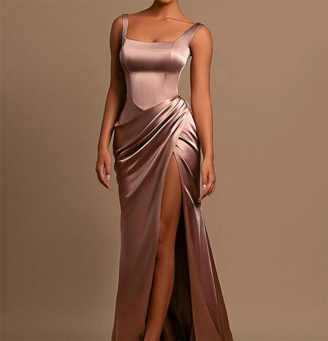 Sheath/Column Wide Shoulder Straps Square Neckline Floor-Length Long Formal Prom Dresses