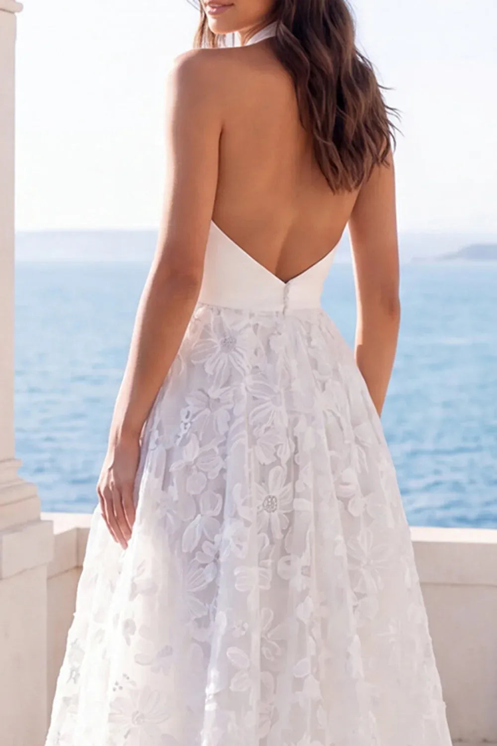 Gorgeous Modern Bodycon Halter Neck Satin and Floral Organza A-Line Brush Train Wedding Dress