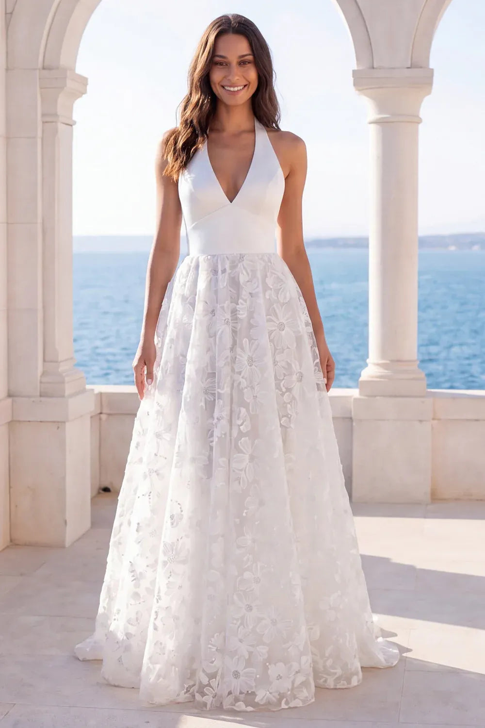 Gorgeous Modern Bodycon Halter Neck Satin and Floral Organza A-Line Brush Train Wedding Dress