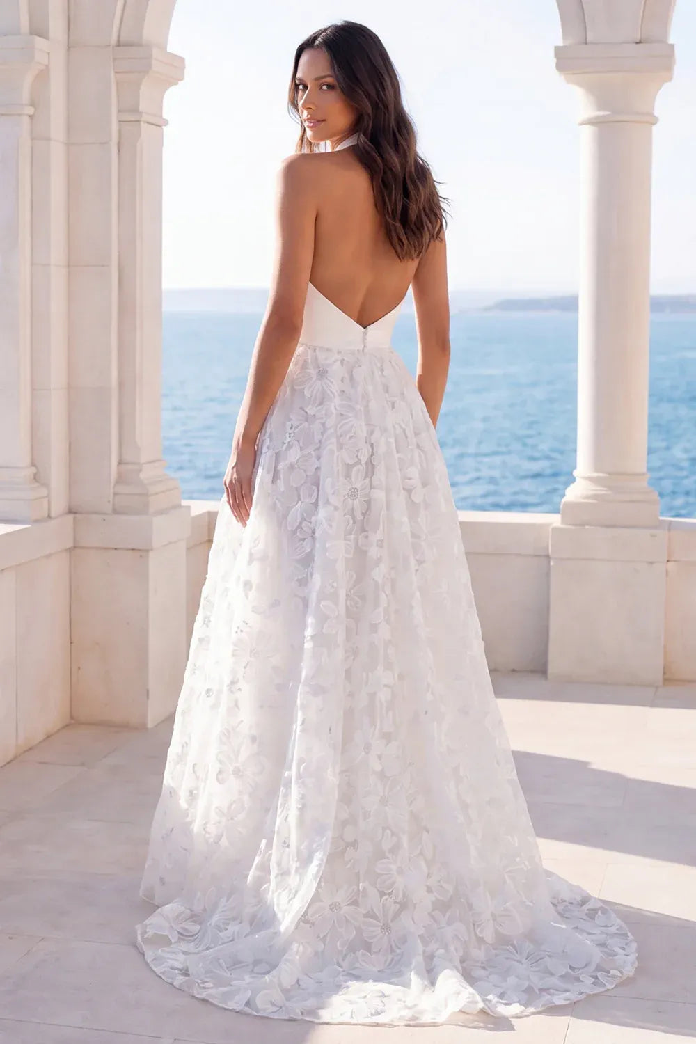 Gorgeous Modern Bodycon Halter Neck Satin and Floral Organza A-Line Brush Train Wedding Dress