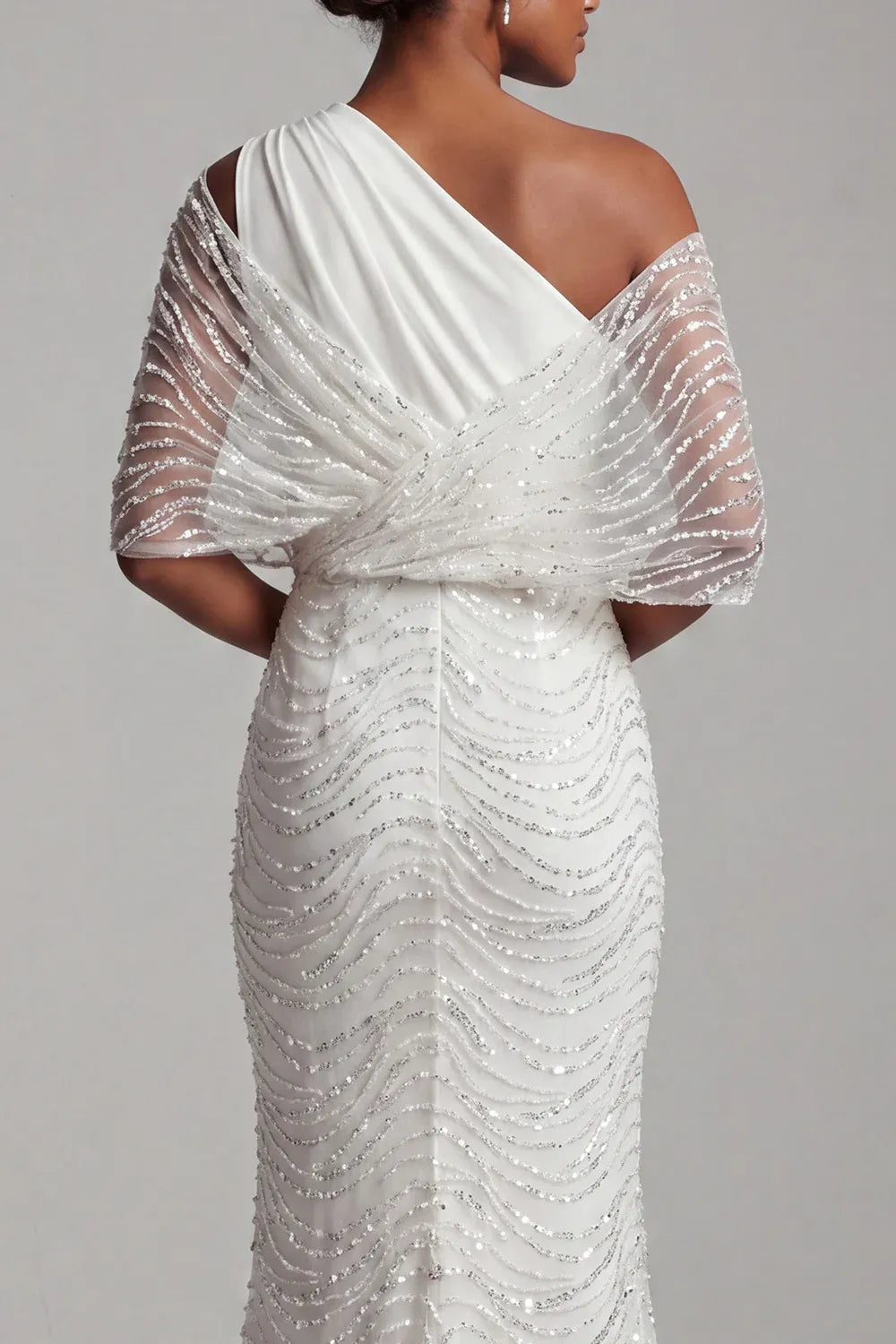Gorgeous Modern One-Shoulder Draped Chiffon and Sequin Mermaid Wedding Dress with Sheer Capelet