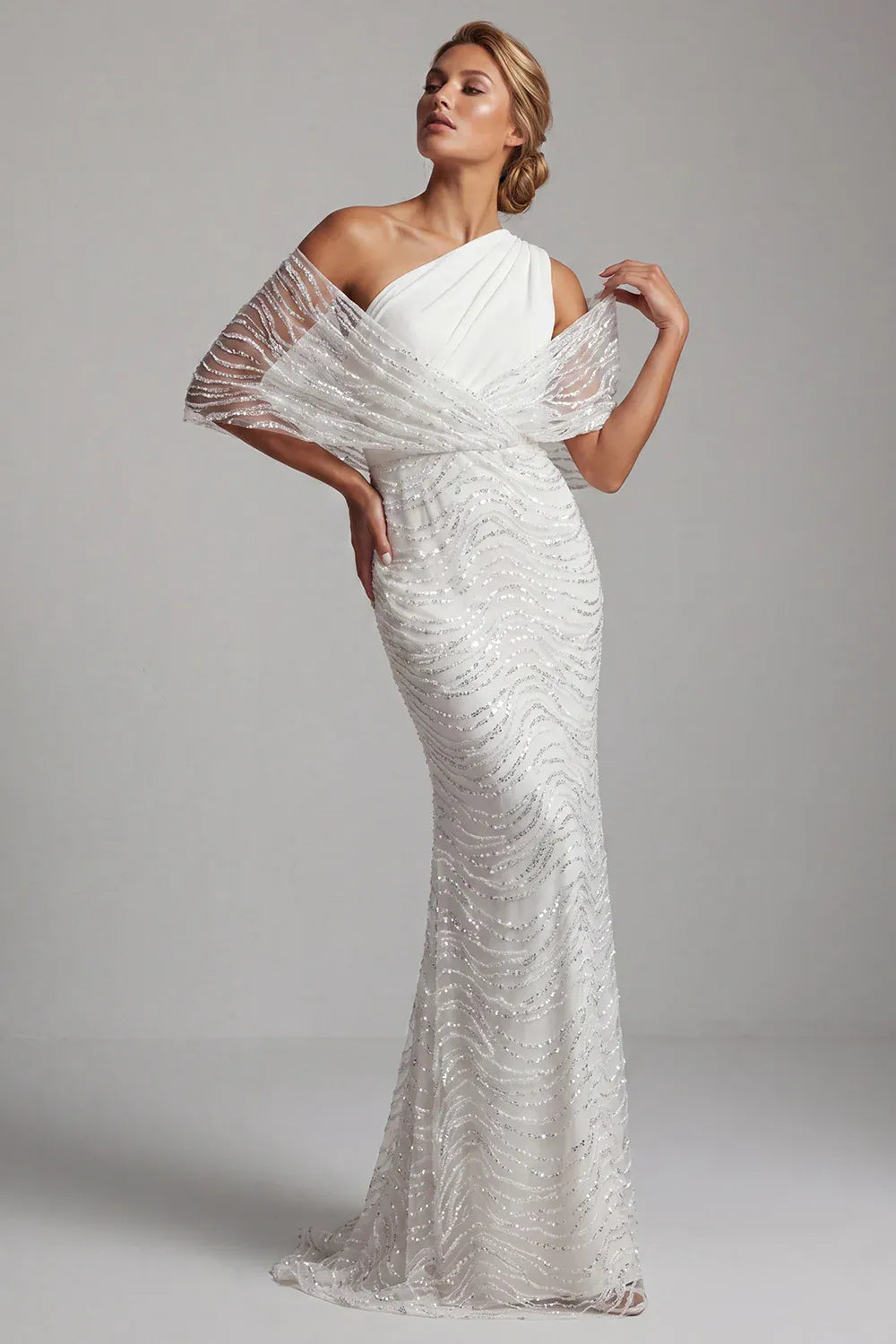 Gorgeous Modern One-Shoulder Draped Chiffon and Sequin Mermaid Wedding Dress with Sheer Capelet