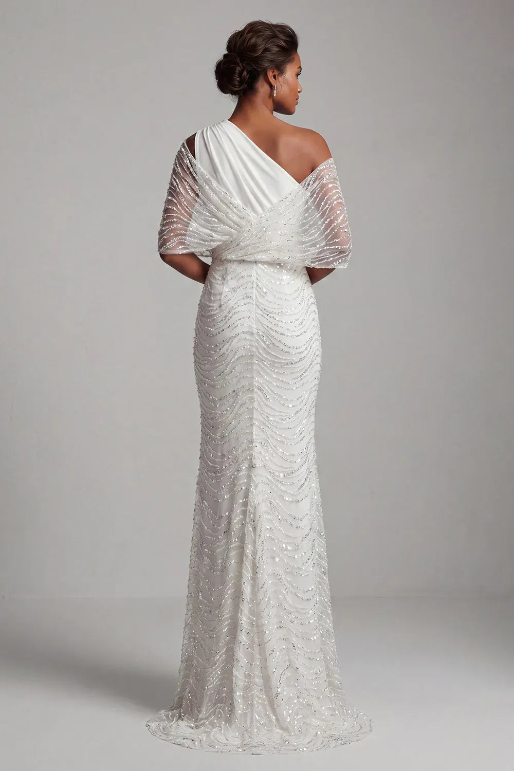 Gorgeous Modern One-Shoulder Draped Chiffon and Sequin Mermaid Wedding Dress with Sheer Capelet