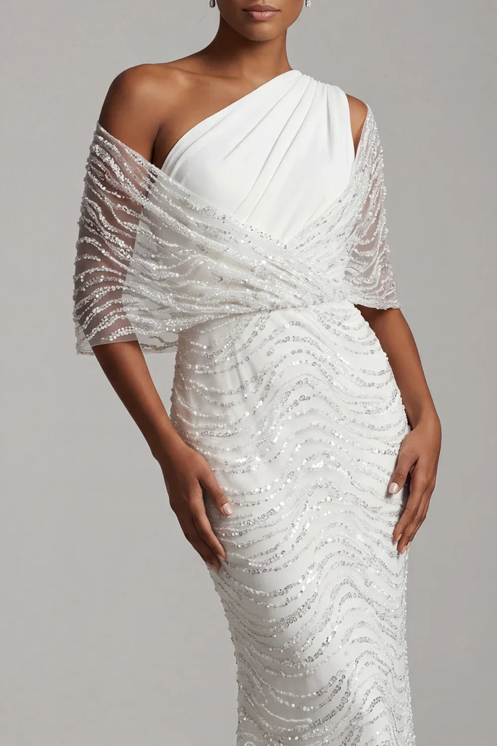 Gorgeous Modern One-Shoulder Draped Chiffon and Sequin Mermaid Wedding Dress with Sheer Capelet