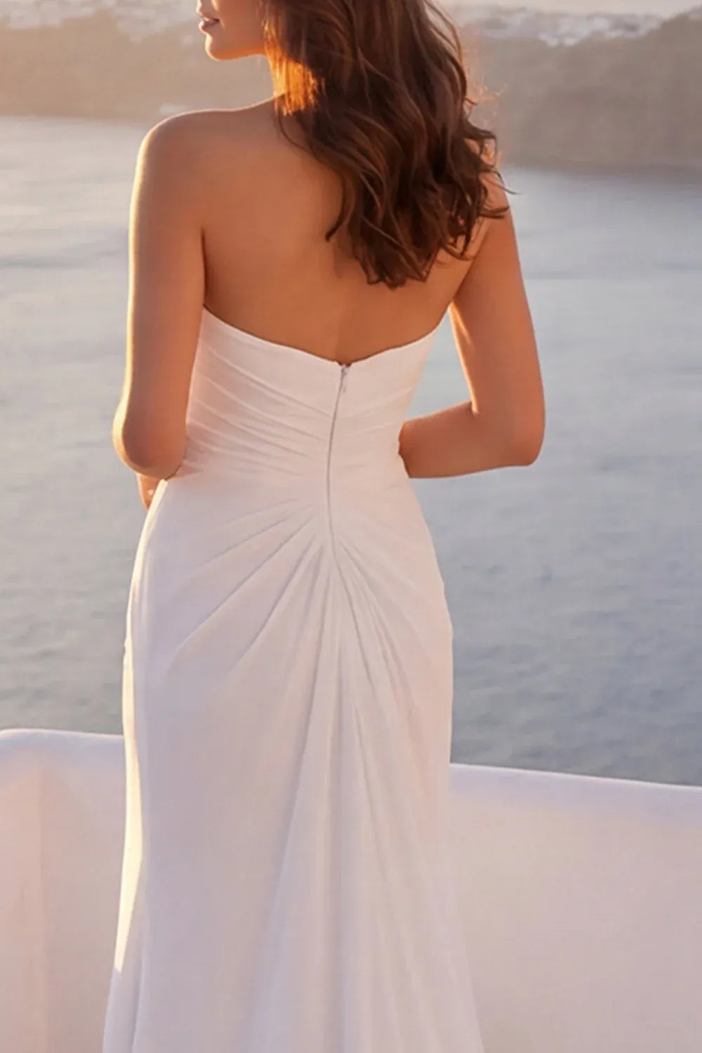 Gorgeous Modern Strapless Ruched Chiffon Mermaid Sleeveless Floor-Length Wedding Dress with Slit