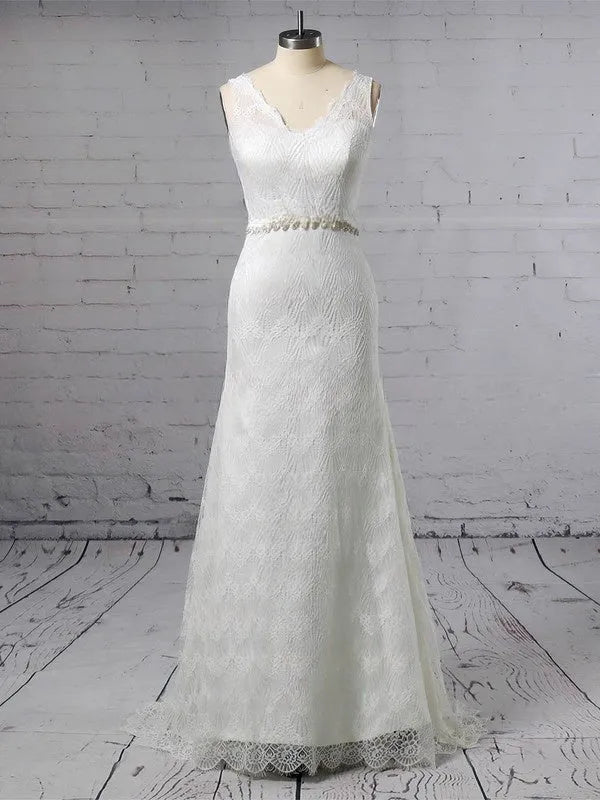 Gorgeous Vintage Ankle-Length Sleeveless Lace Mermaid Wedding Dress with Beaded Waistband