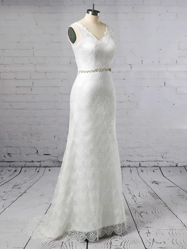 Gorgeous Vintage Ankle-Length Sleeveless Lace Mermaid Wedding Dress with Beaded Waistband