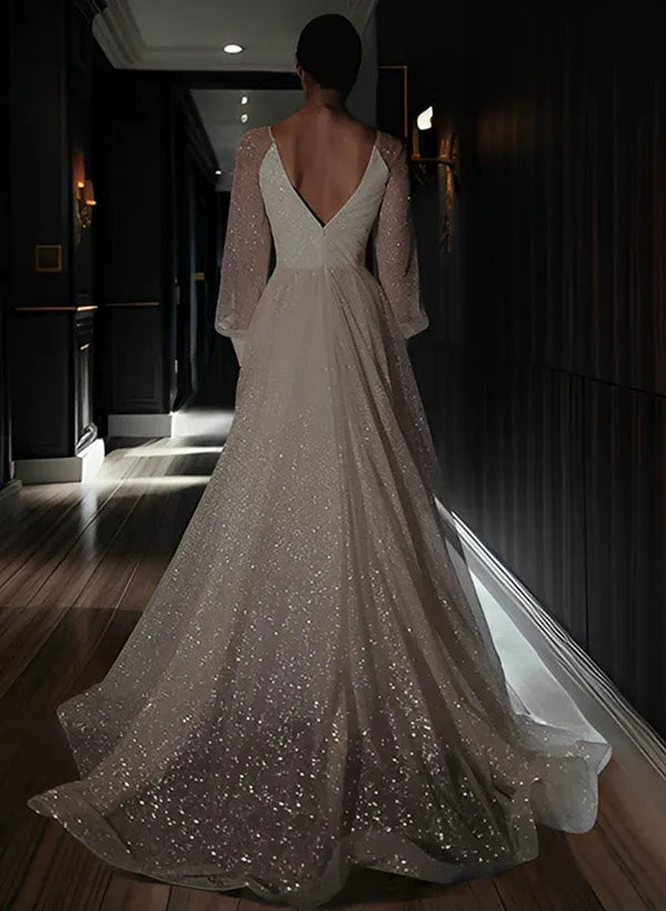 Gorgeous Vintage Deep V-Neck Glitter Tulle A-Line Wedding Dress with Puff Sleeves and Slit