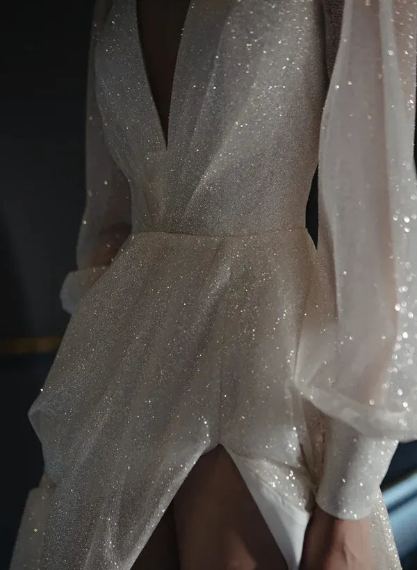 Gorgeous Vintage Deep V-Neck Glitter Tulle A-Line Wedding Dress with Puff Sleeves and Slit