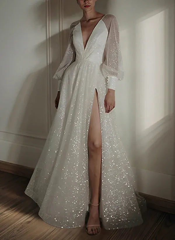Gorgeous Vintage Deep V-Neck Glitter Tulle A-Line Wedding Dress with Puff Sleeves and Slit