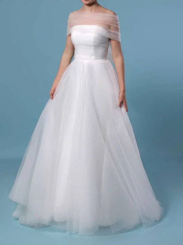 Gorgeous Vintage Luxurious Satin Construction Off-the-Shoulder Tulle A-Line Wedding Dress with Bow Detail
