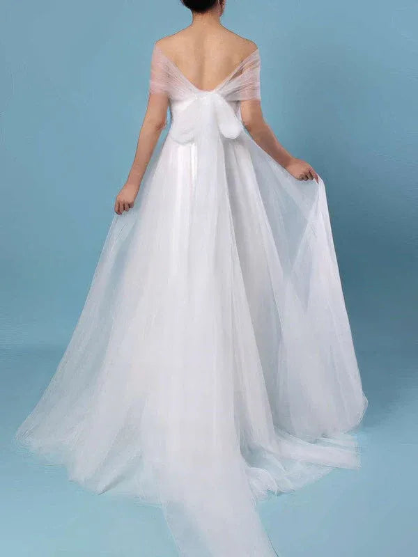 Gorgeous Vintage Luxurious Satin Construction Off-the-Shoulder Tulle A-Line Wedding Dress with Bow Detail