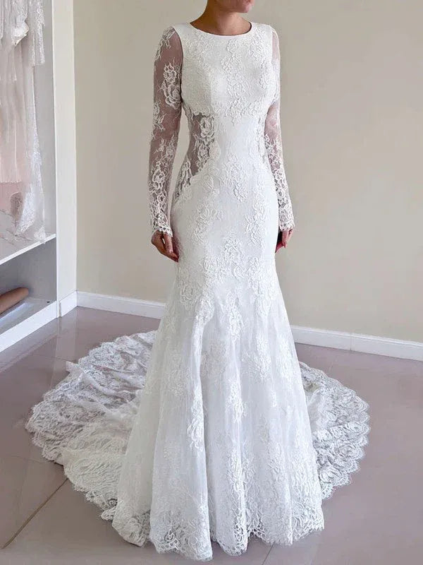 Gorgeous Vintage Round Neck Long Sleeve Lace Mermaid Brush Train Wedding Dress with Open Back