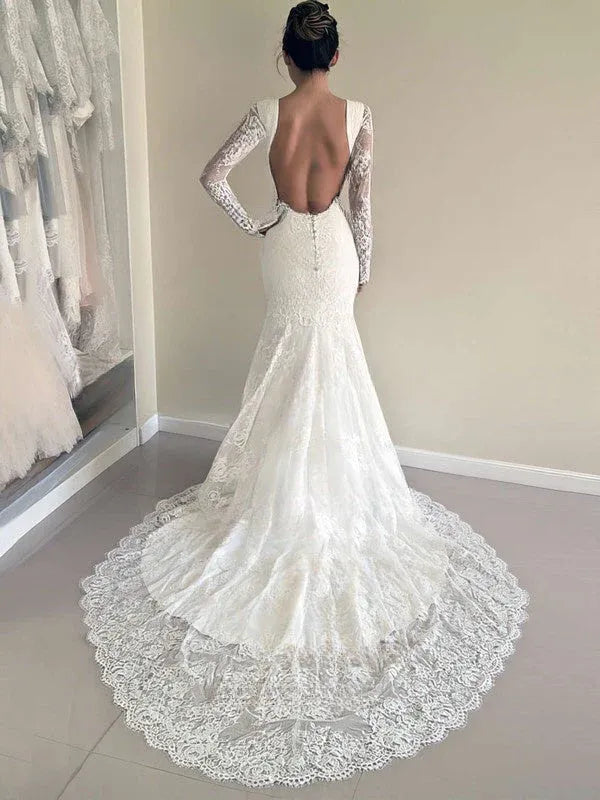 Gorgeous Vintage Round Neck Long Sleeve Lace Mermaid Brush Train Wedding Dress with Open Back