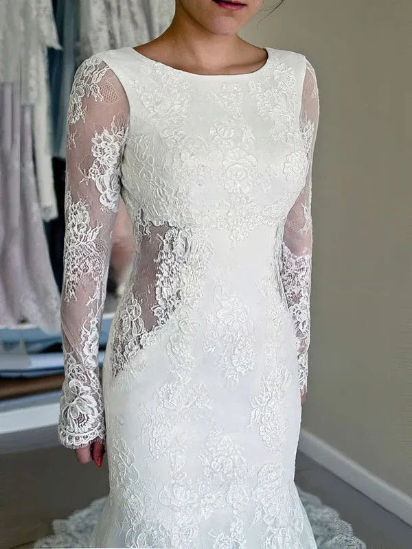Gorgeous Vintage Round Neck Long Sleeve Lace Mermaid Brush Train Wedding Dress with Open Back