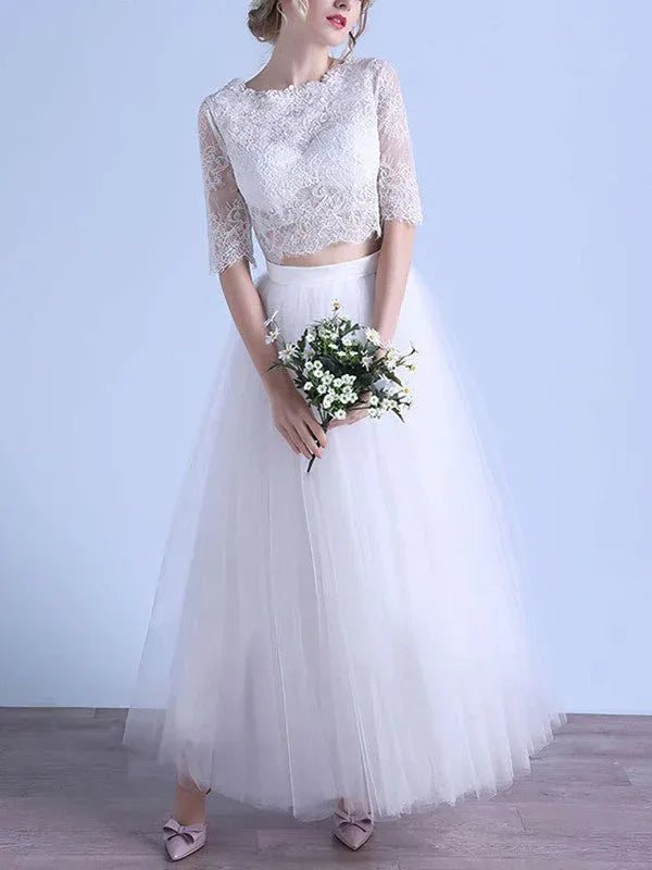Gorgeous Vintage Two-Piece Lace Tulle Wedding Dress with Cropped Top and Ankle-Length Skirt