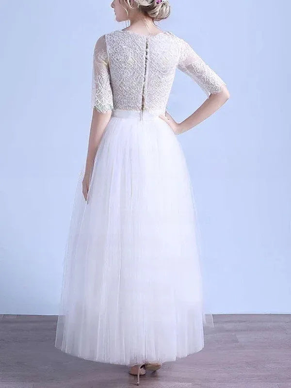 Gorgeous Vintage Two-Piece Lace Tulle Wedding Dress with Cropped Top and Ankle-Length Skirt