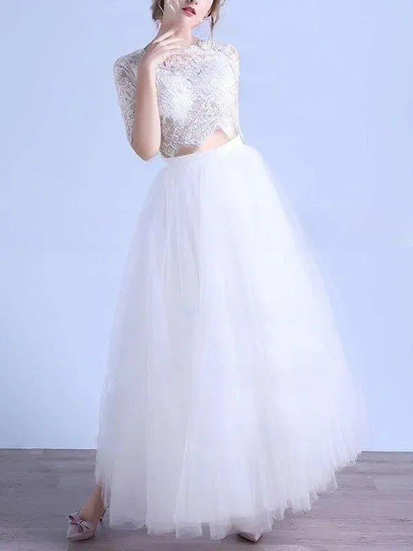 Gorgeous Vintage Two-Piece Lace Tulle Wedding Dress with Cropped Top and Ankle-Length Skirt