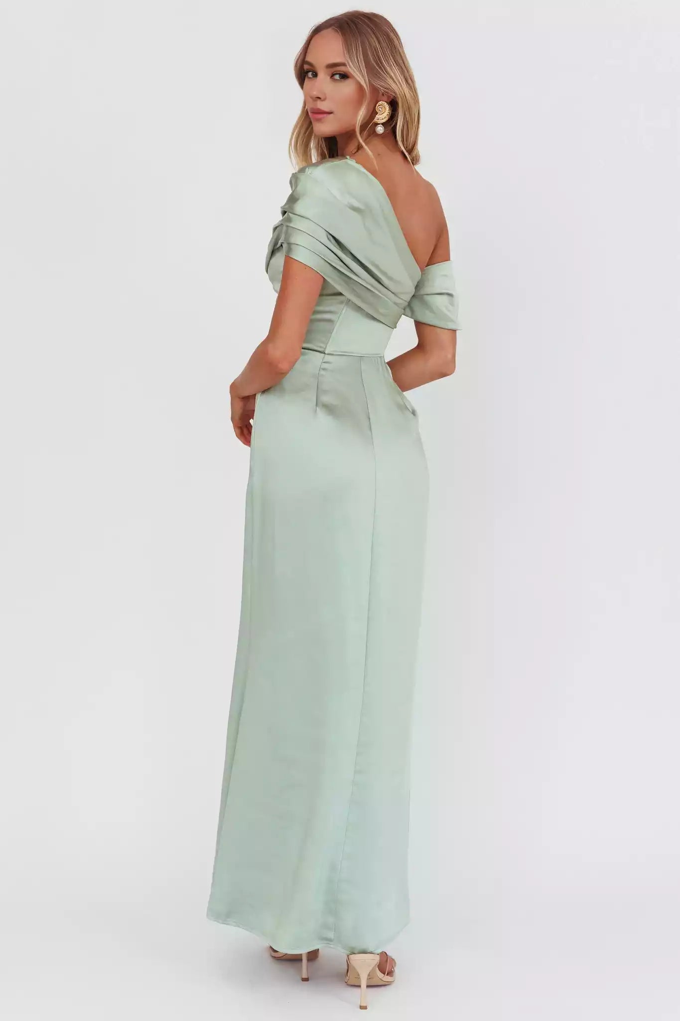 Gorgeous asymmetrical shoulder design with pleated details, side zipper, and side slit Prom Dresses